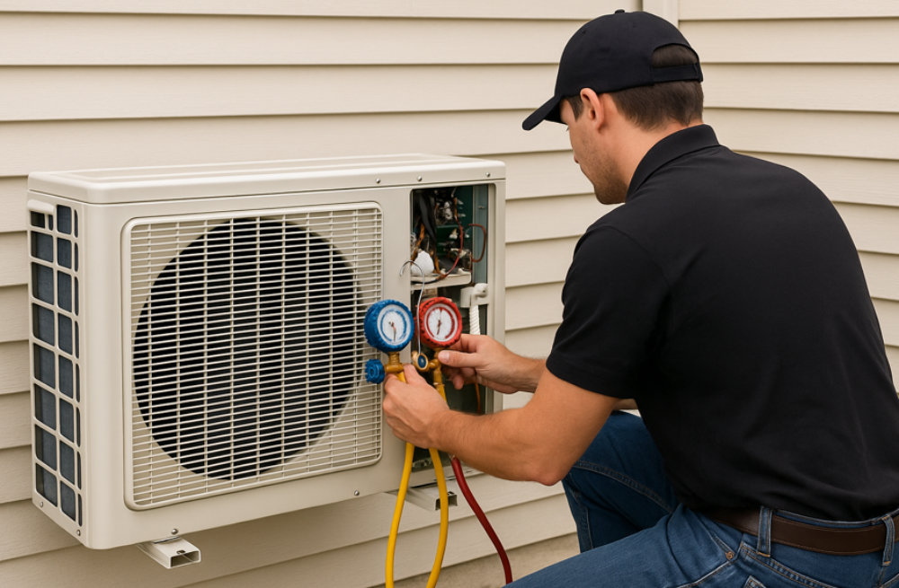 HVAC technician servicing a heat pump.