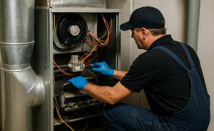 An HVAC technician servicing a furnace.