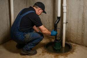 Plumber servicing a sump pump.