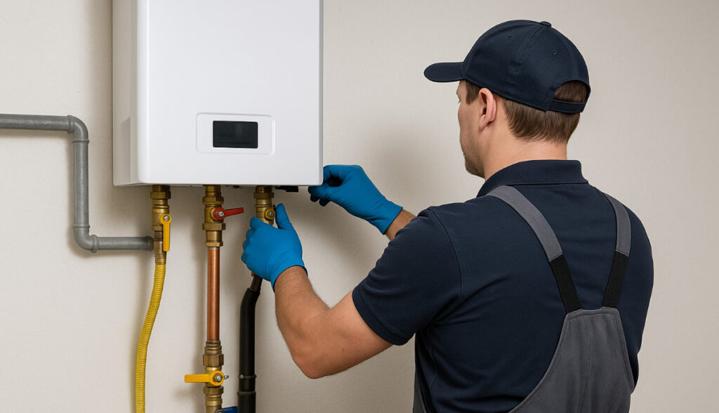 Technician servicing a tankless water heater.