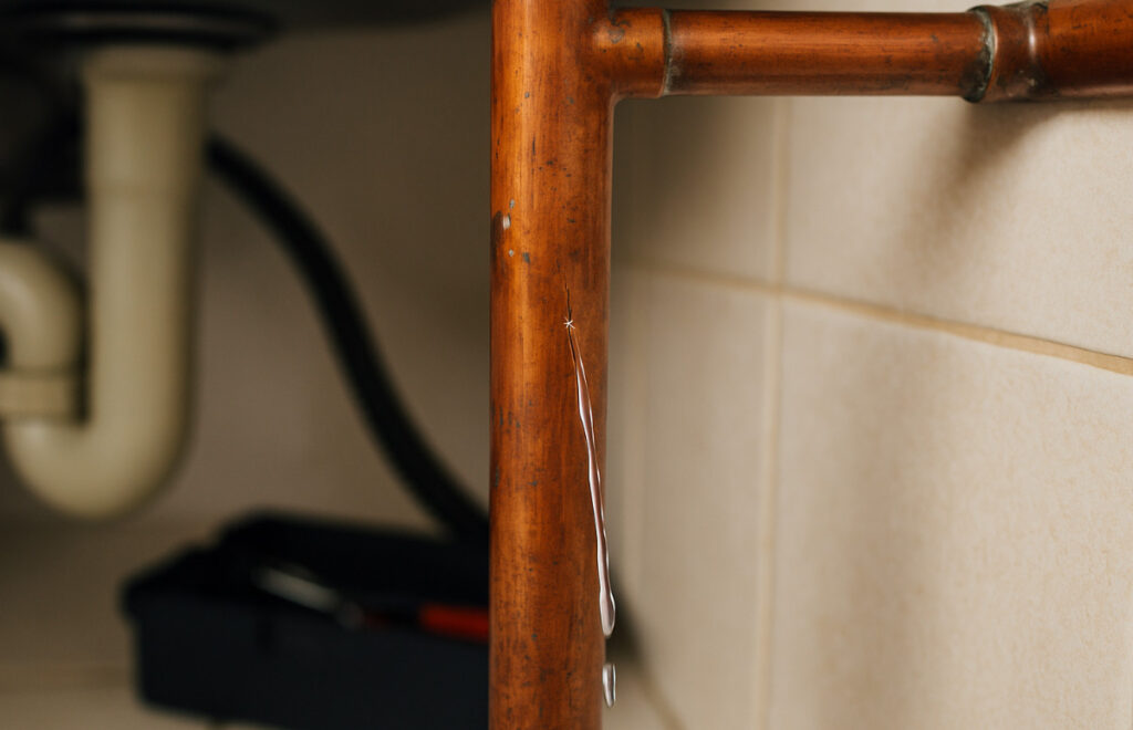 Cracked, leaking copper pipe under kitchen sink.
