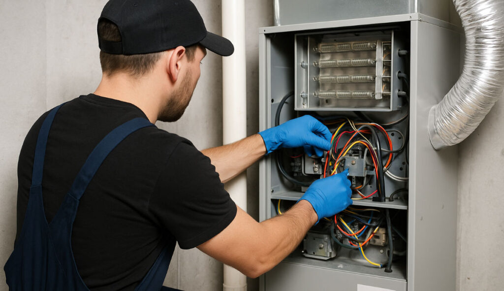 HVAC technician servicing an electric furnace.