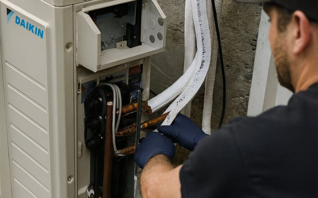 HVAC technician servicing an outdoor heat pump unit.